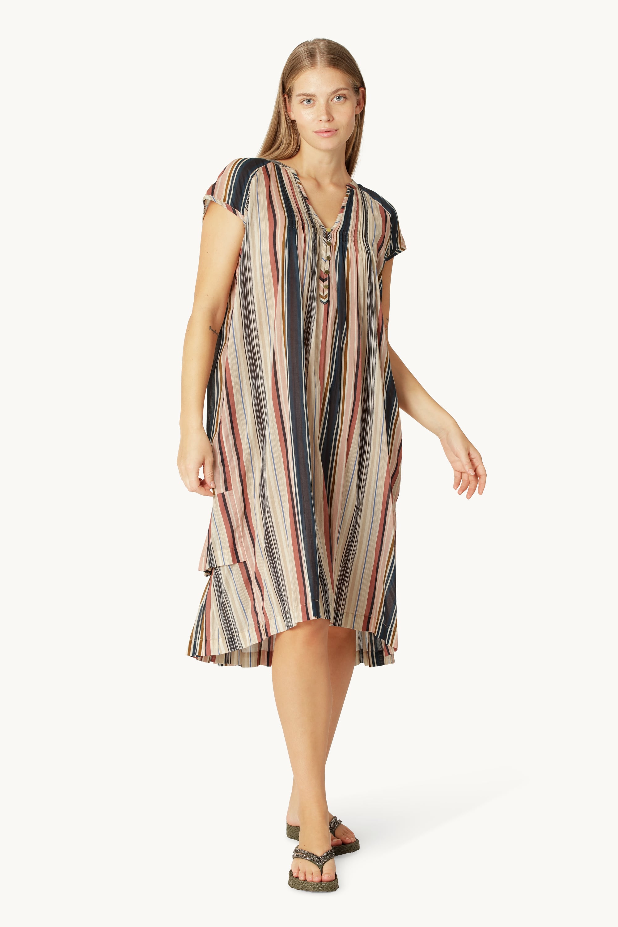 Lang Kjole med Korte Ermer Pintuck - Beige Organic Stripe