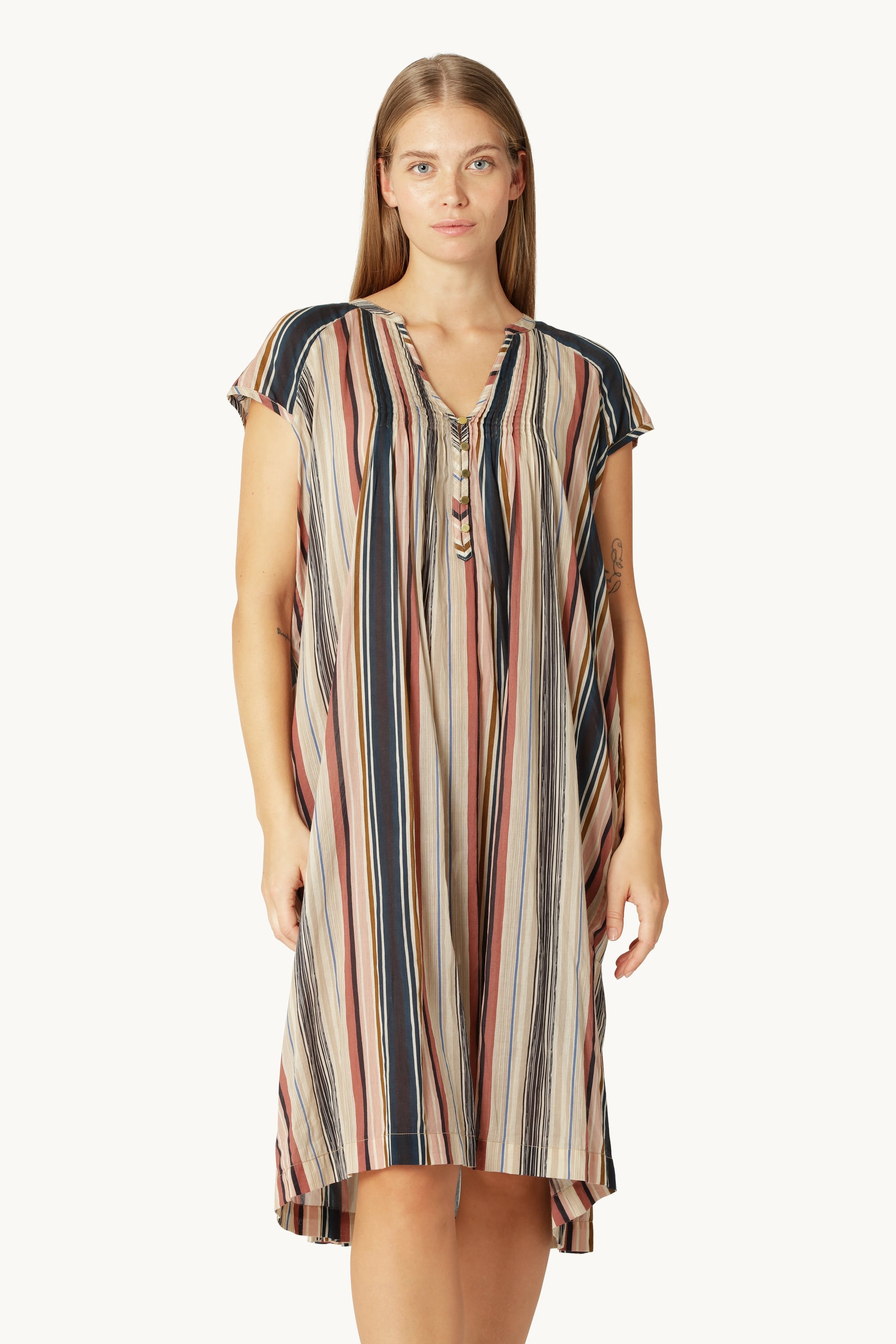 Lang Kjole med Korte Ermer Pintuck - Beige Organic Stripe