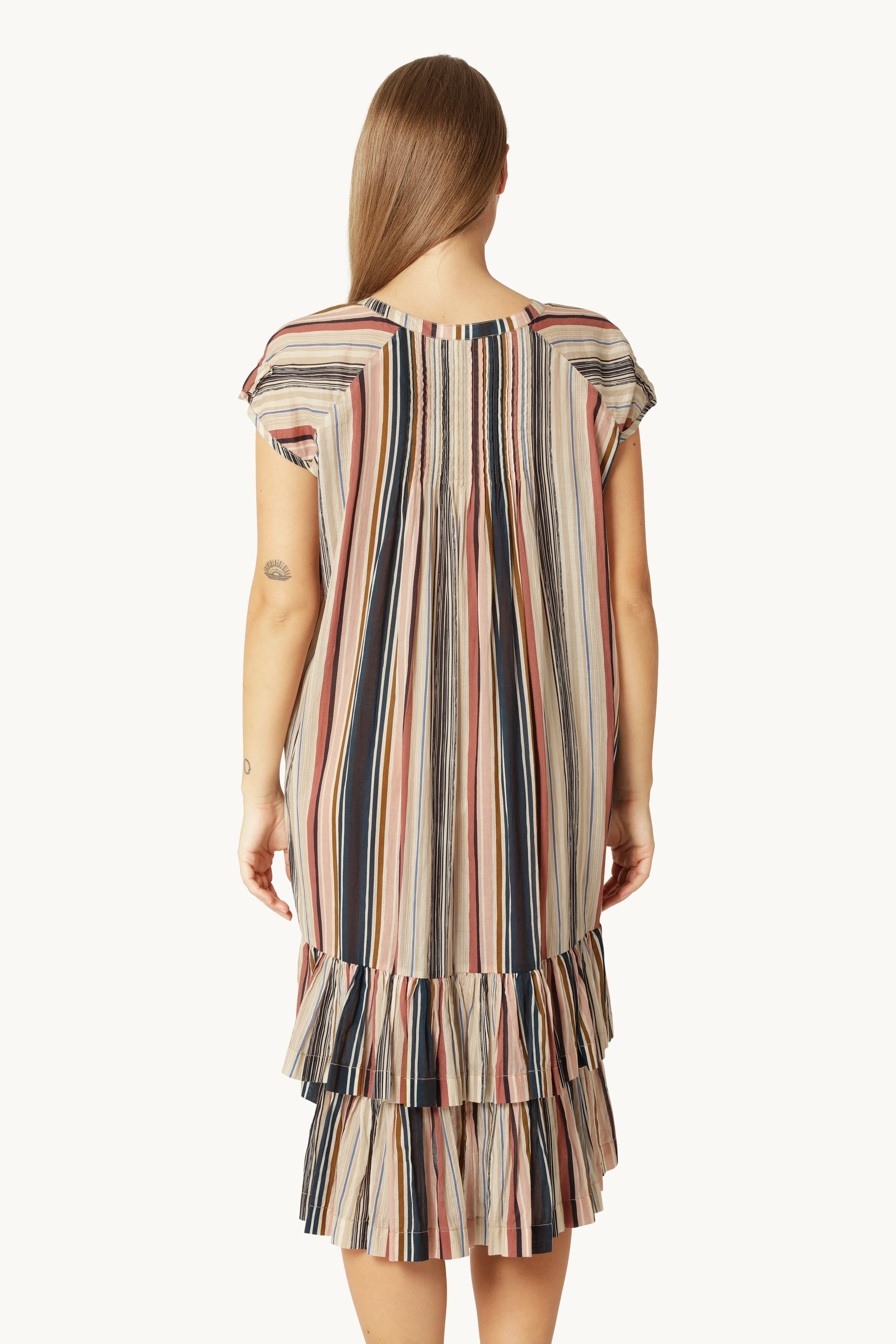 Lang Kjole med Korte Ermer Pintuck - Beige Organic Stripe