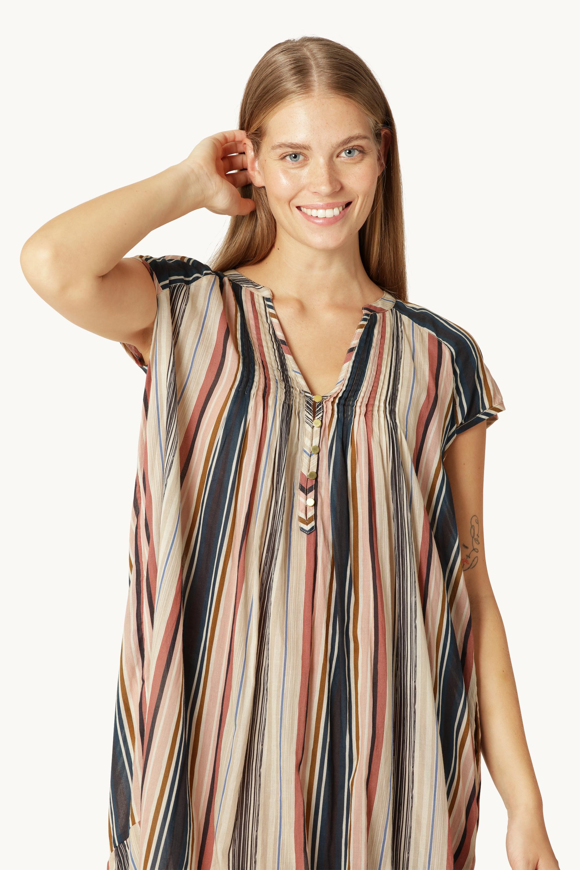 Lang Kjole med Korte Ermer Pintuck - Beige Organic Stripe