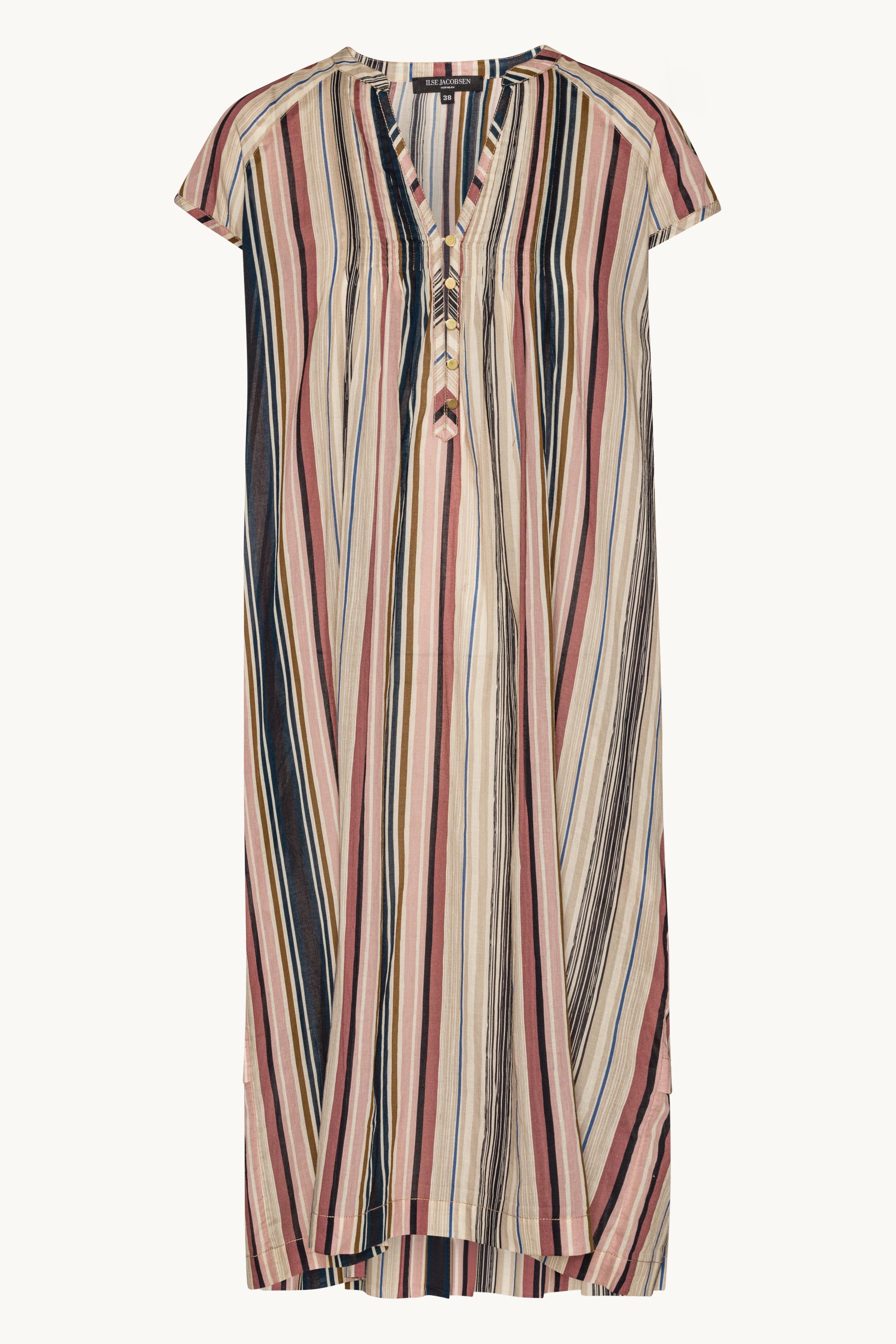 Lang Kjole med Korte Ermer Pintuck - Beige Organic Stripe