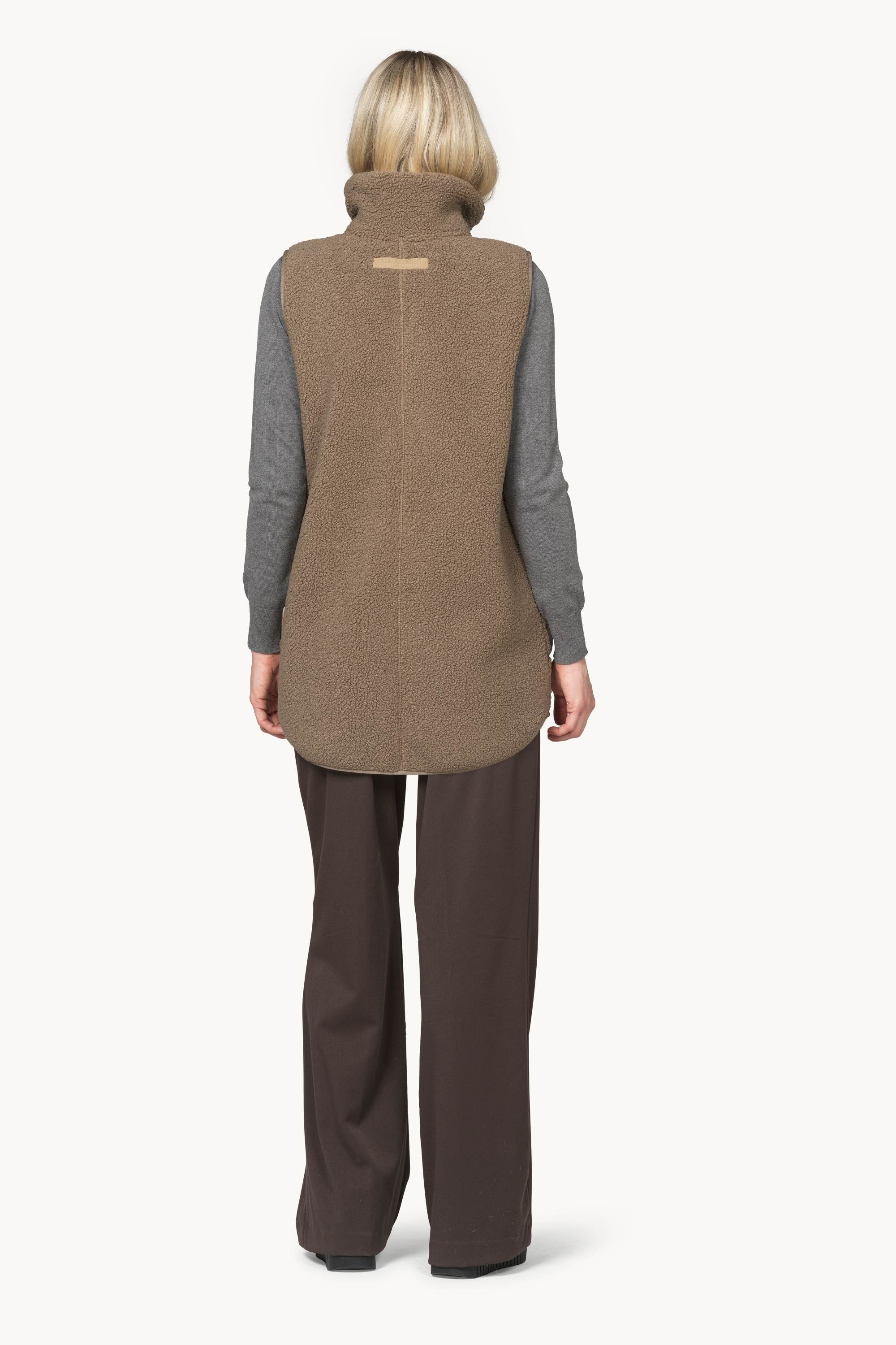 Long Pile Vest with Zipper - Greige