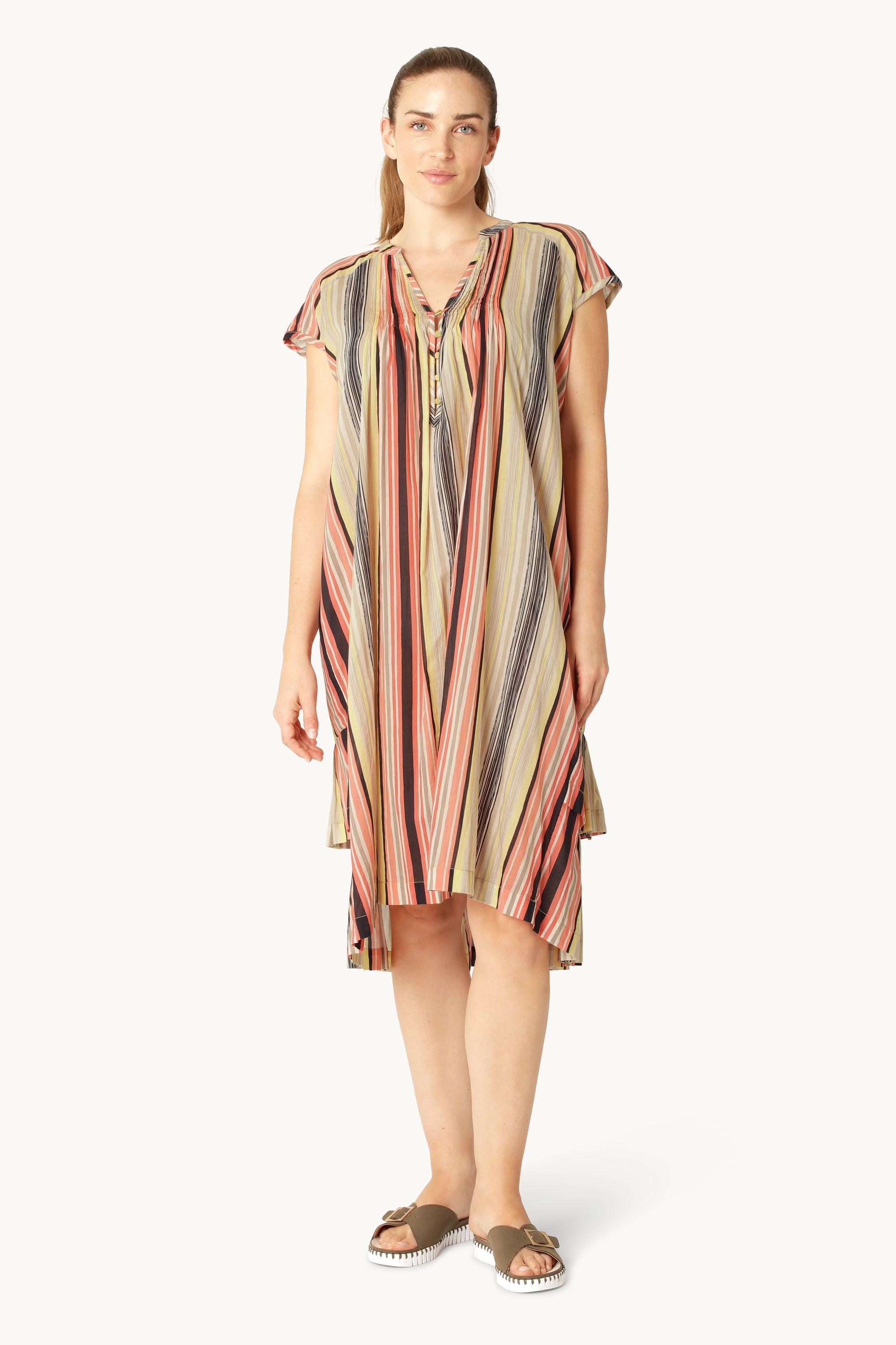 Lang Kjole med Korte Ermer Pintuck - Red Organic Stripe