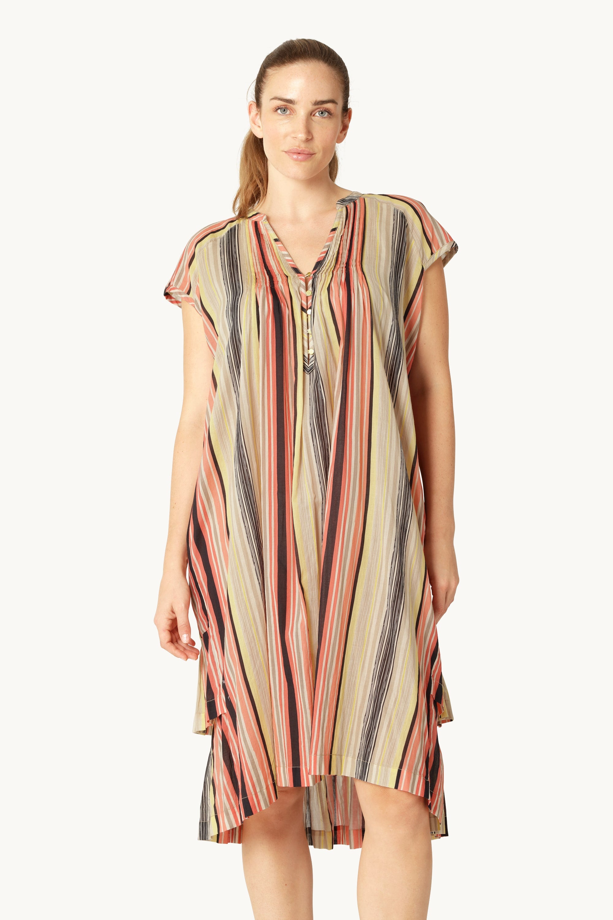 Lang Kjole med Korte Ermer Pintuck - Red Organic Stripe