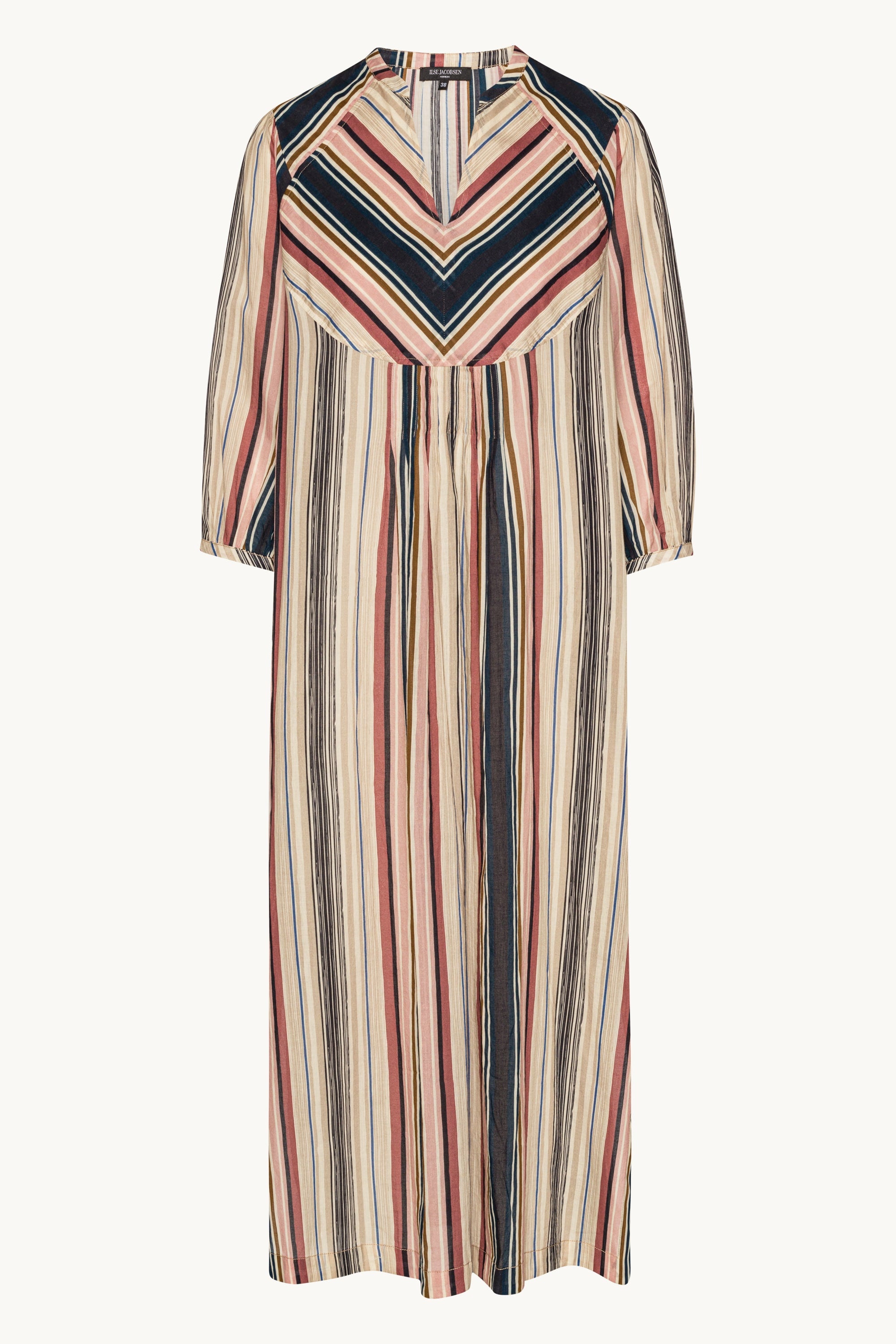 Lang Kjole med Ballongermer Pintuck - Beige Organic Stripe