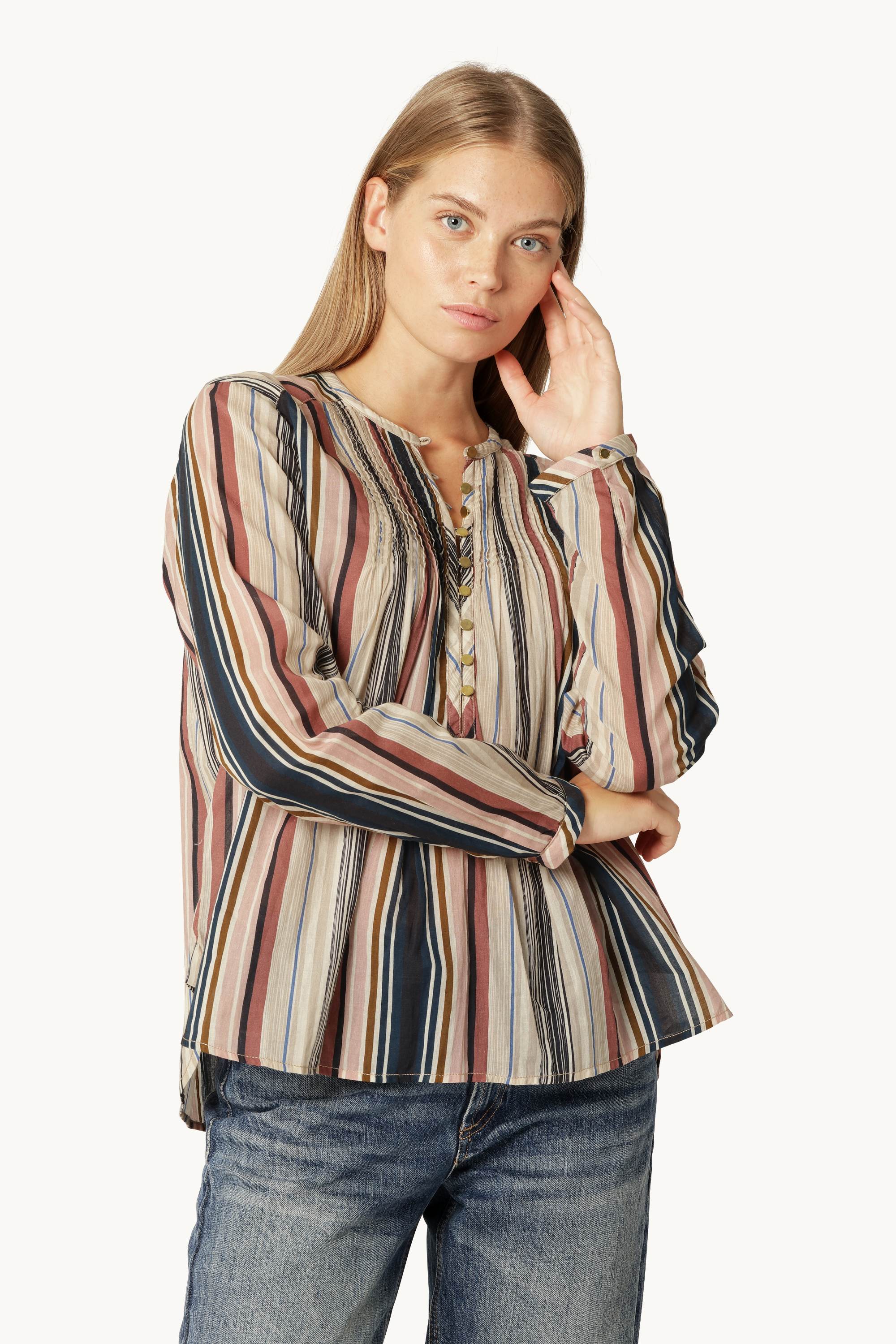 Skjorte med Lange Ermer Pintuck - Beige Organic Stripe