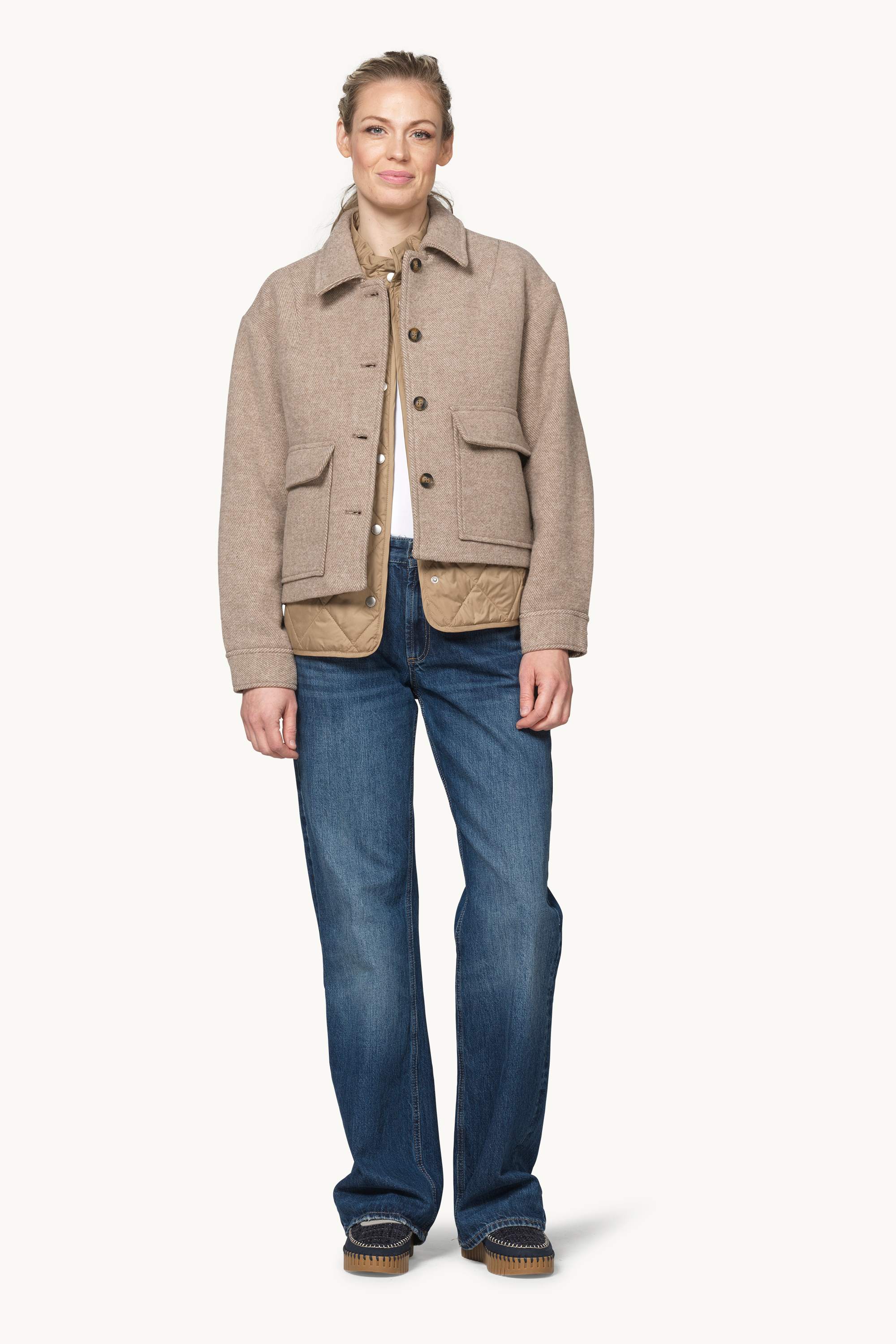 Short buttoned Jacket with Patched Pockets - Greige