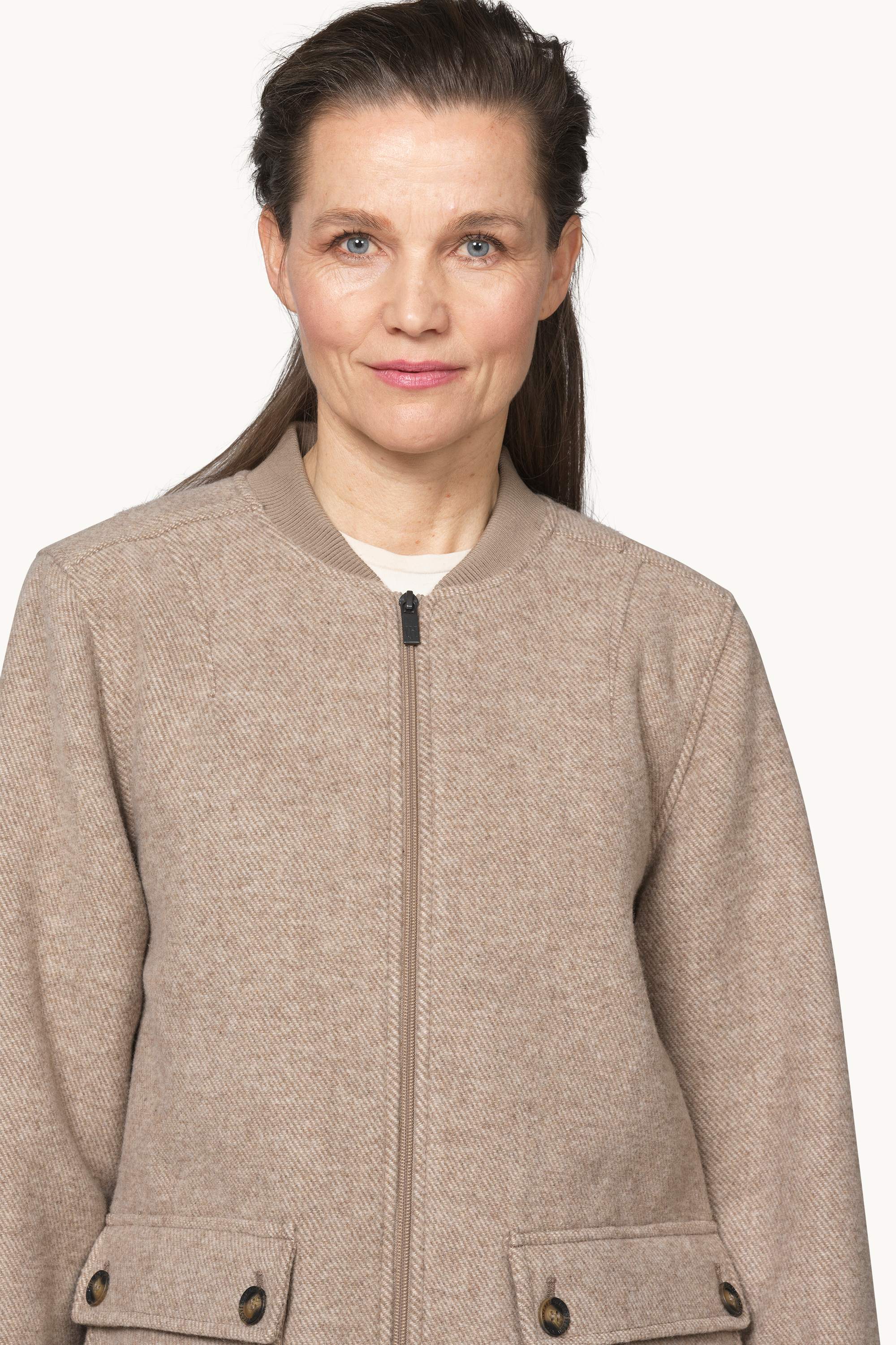 Zipped Jacket with Patched Pockets - Greige