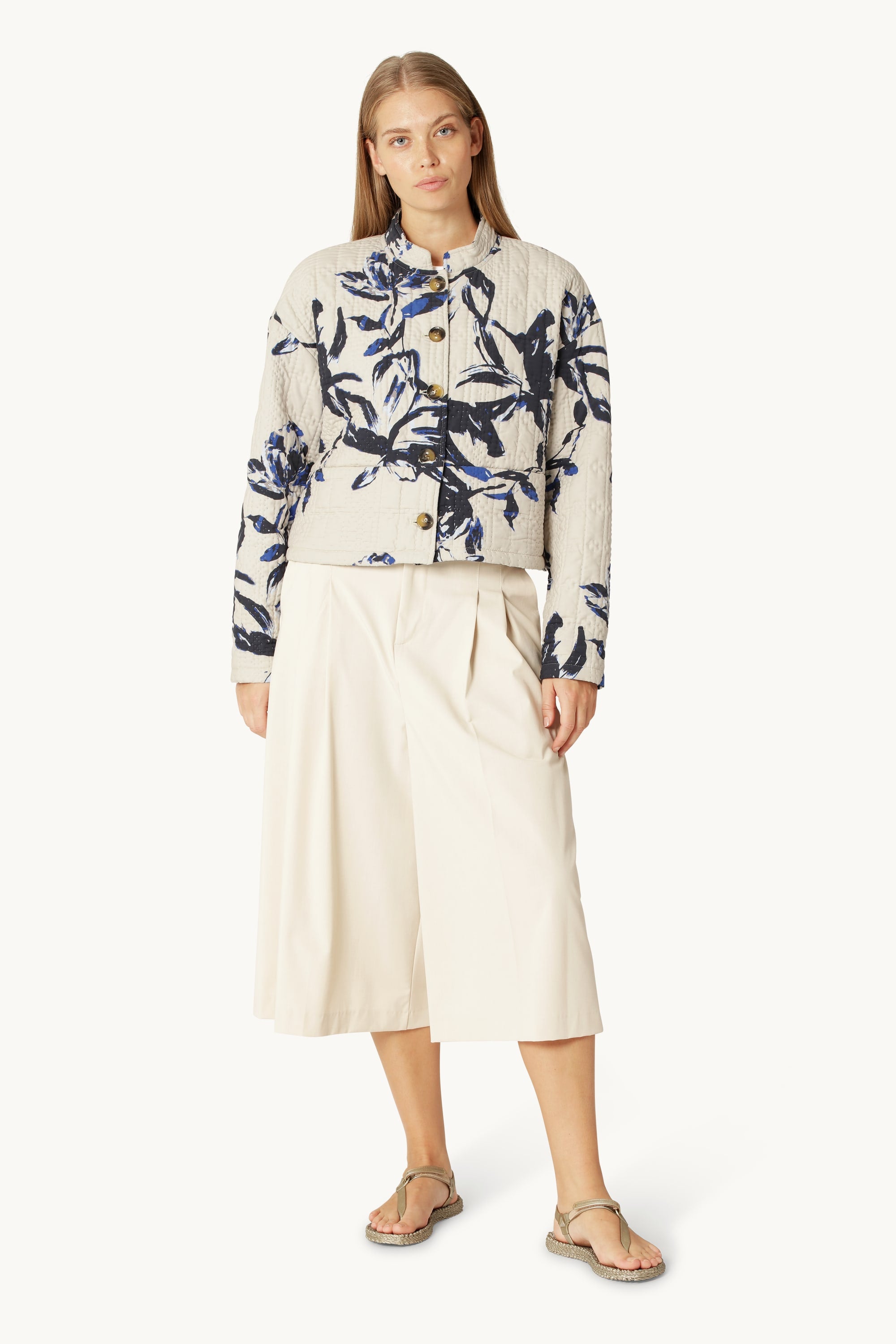 Kort Quiltet Jakke - Beige Artsy Stroke Flower