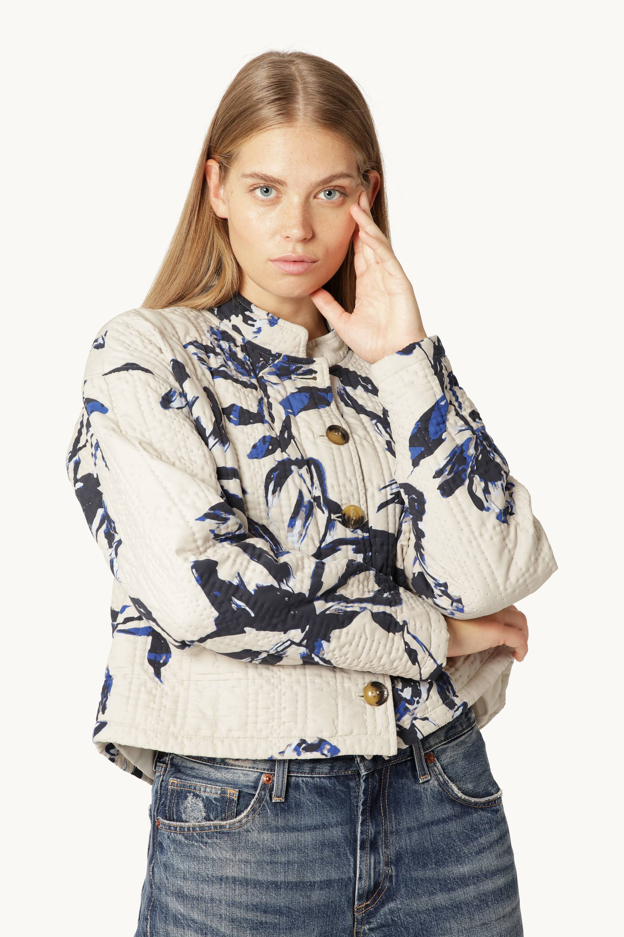 Kort Quiltet Jakke - Beige Artsy Stroke Flower