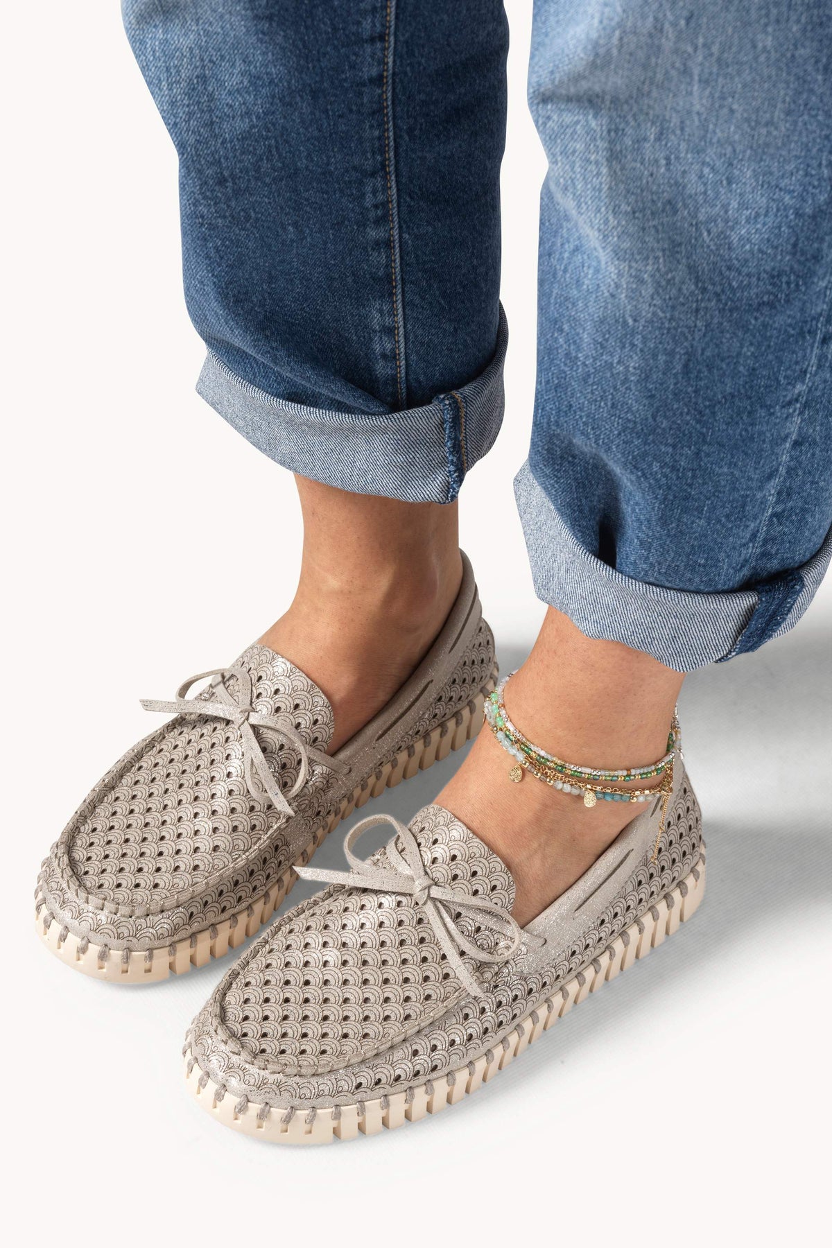 Glitter Boat Shoes on Flat Sole - Silver Pearled Ivory