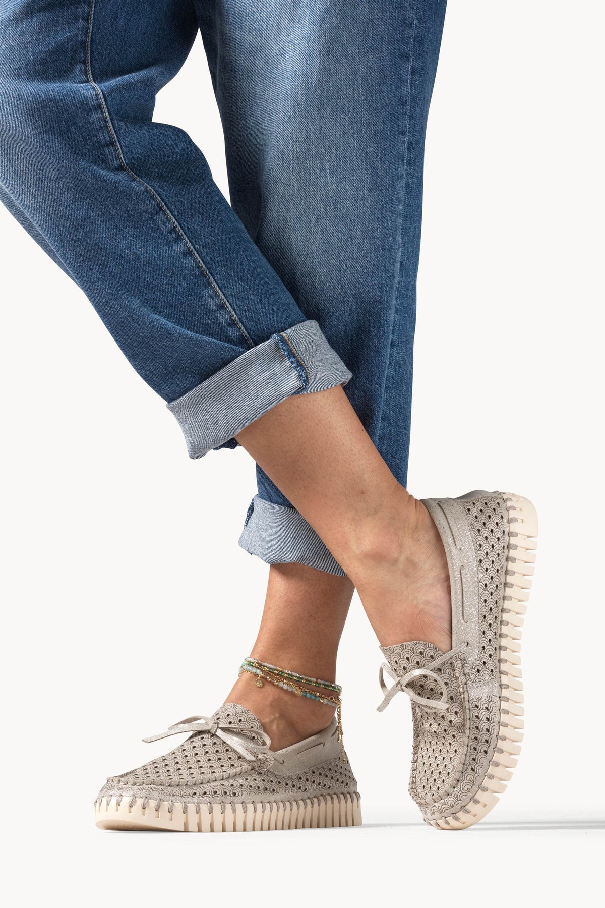 Glitter Boat Shoes on Flat Sole - Silver Pearled Ivory